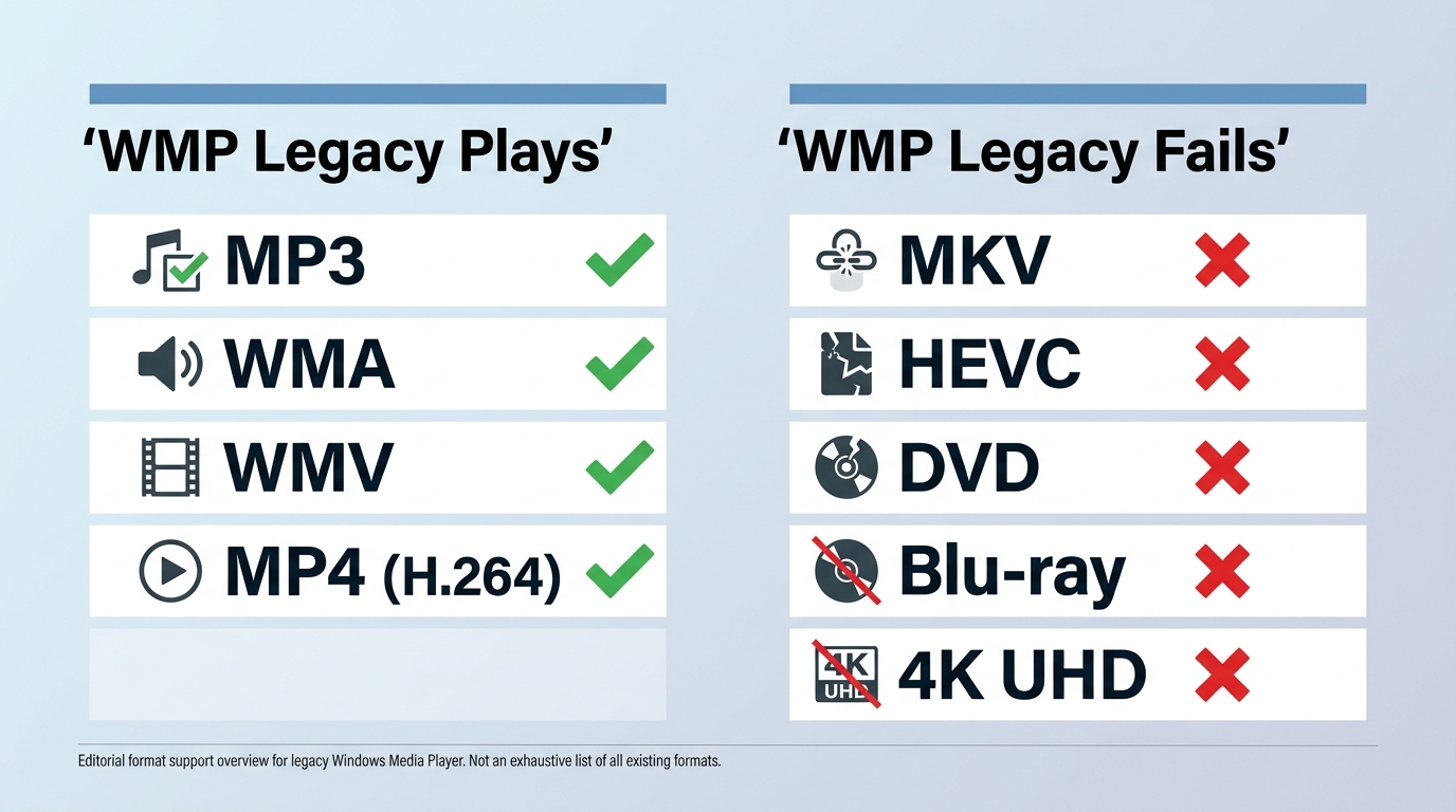 WMP Legacy format support: plays MP3, WMA, WMV, H.264 MP4; fails on MKV, HEVC, Blu-ray, and 4K UHD