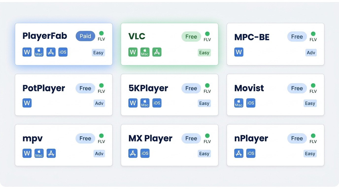 Comparison of 9 FLV players across platform support, cost, FLV codec support, and ease of use