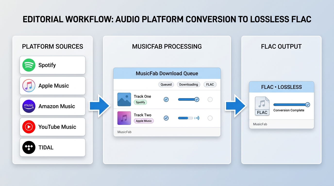 MusicFab app showing Spotify and Apple Music tracks queued for FLAC download with format selector
