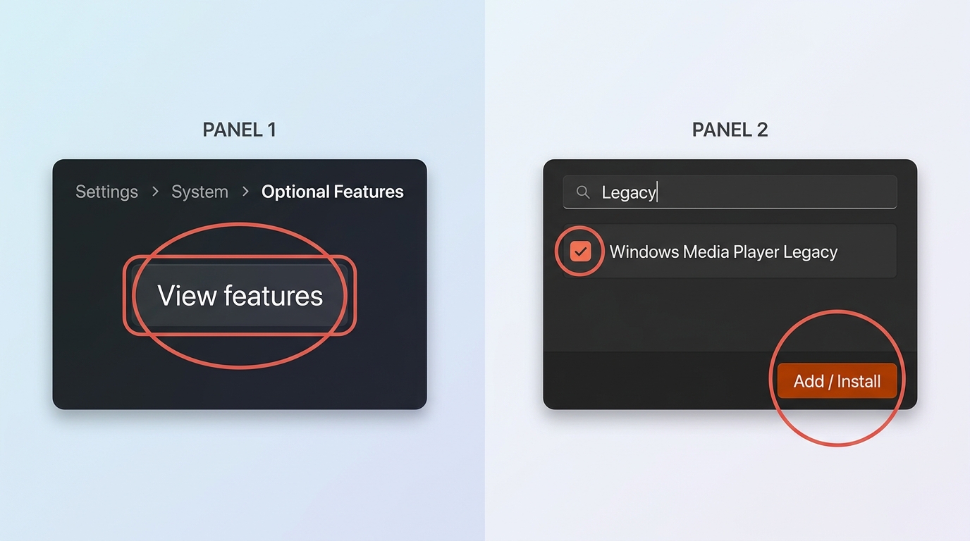 Windows 11 Settings Optional Features panel with Windows Media Player Legacy checked and Next button