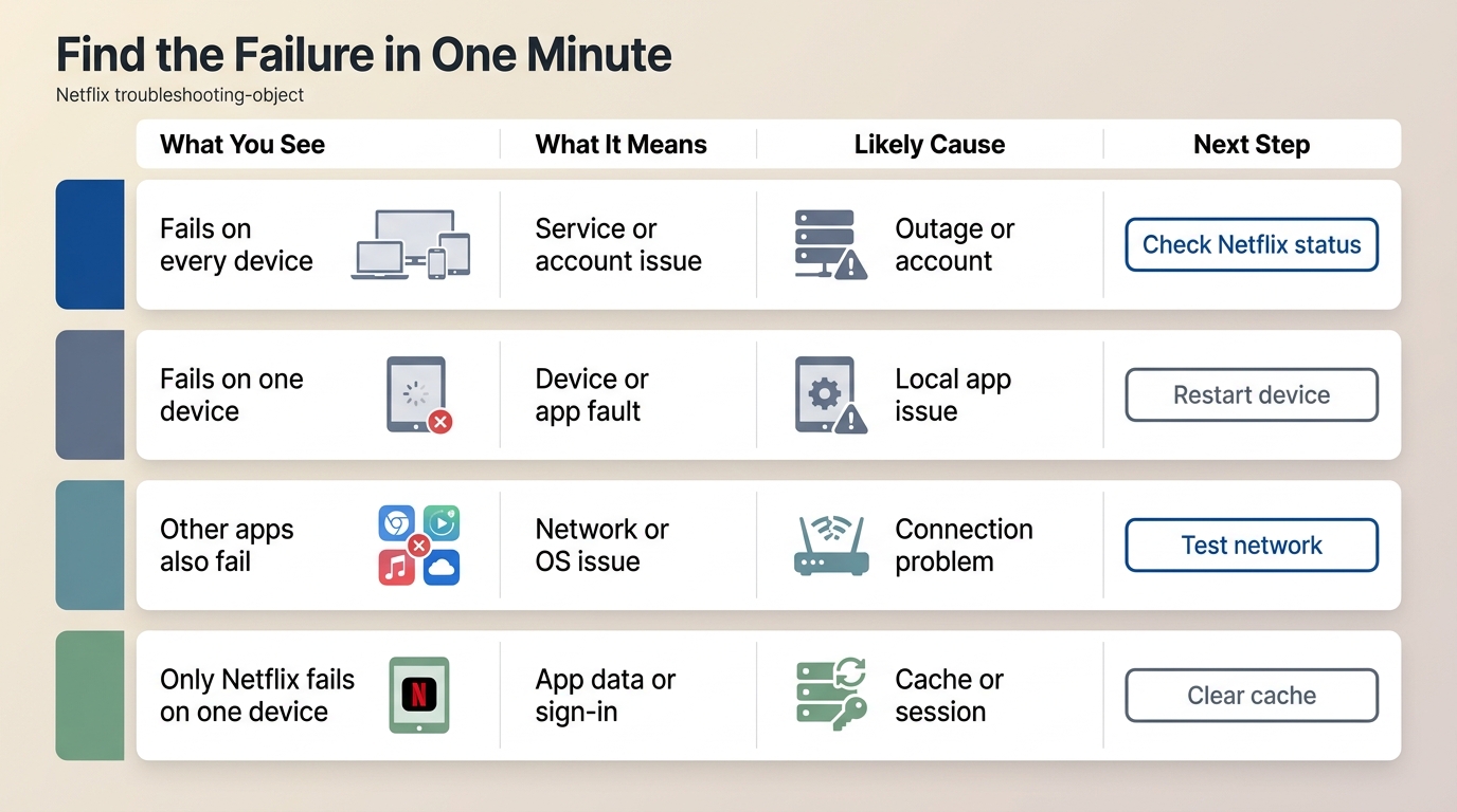 Cross-device Netflix fault diagnosis table mapping symptoms to likely causes and next steps