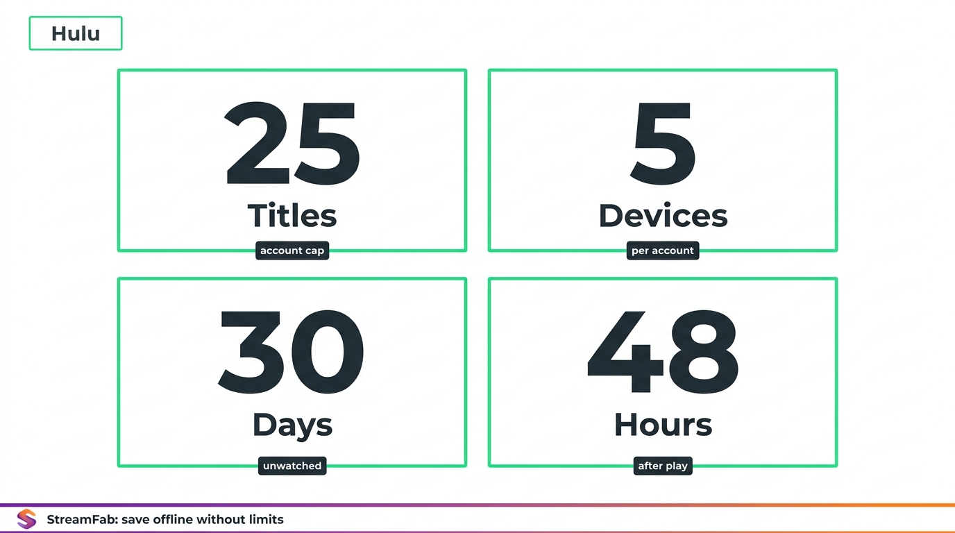Hulu download limits: 25 titles, 5 devices, 30-day unwatched expiry, 48-hour post-play expiry