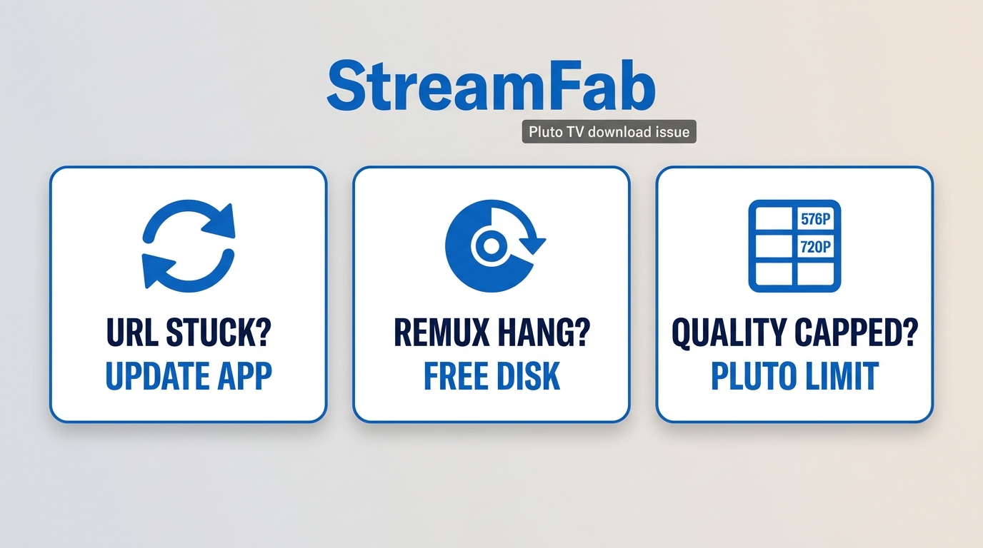 Flowchart diagnosing StreamFab Pluto TV download failures: analysis stall, remuxing hang, or quality