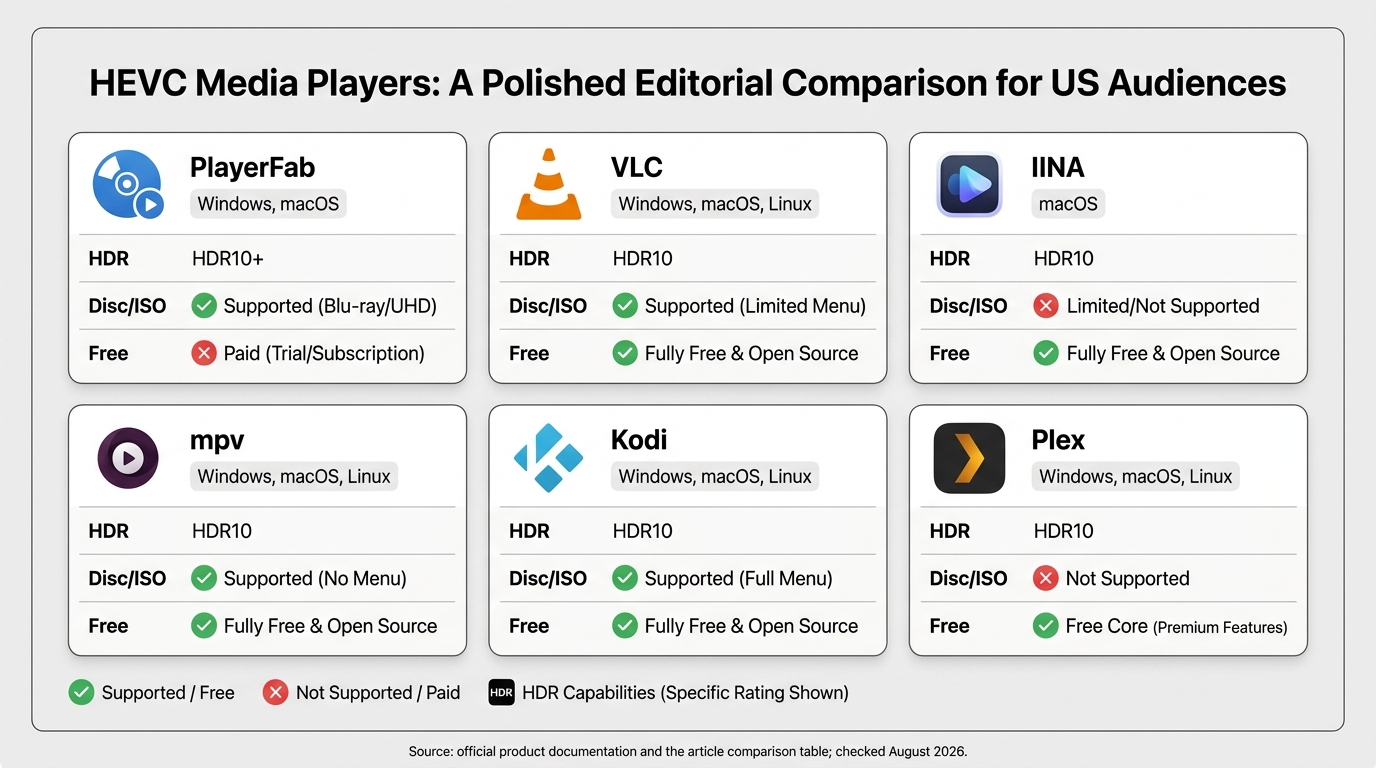 Comparison of PlayerFab, VLC, IINA, mpv, Kodi, and Plex across platform, HDR, disc support, and free