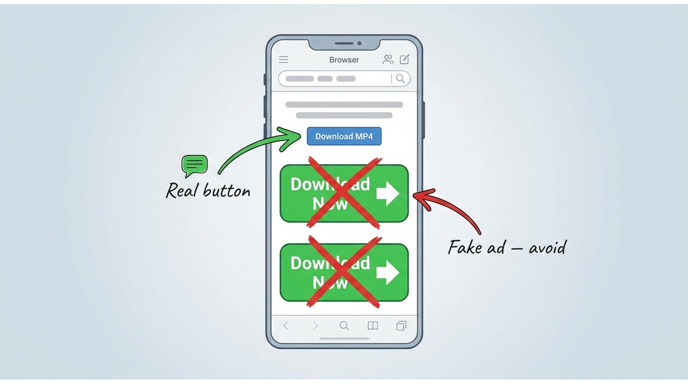 Android browser YouTube downloader page showing the real small download button versus large fake ad