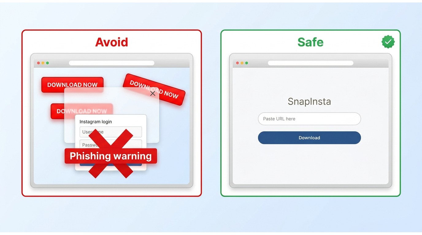Comparison of a fake multi-button Instagram downloader page with credential prompt versus a clean Sn