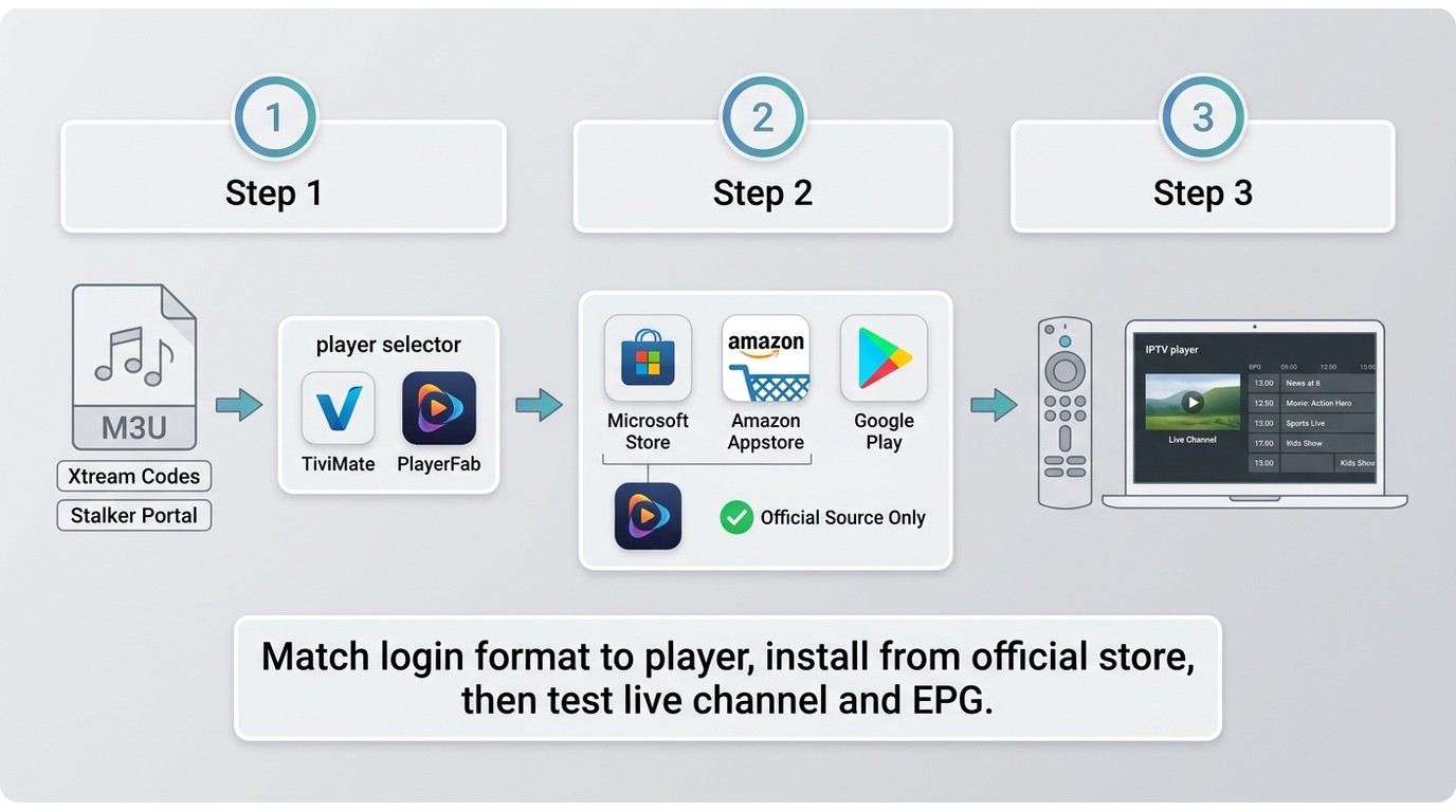 Three-step IPTV setup: match login format to player, install from official store, then test live cha