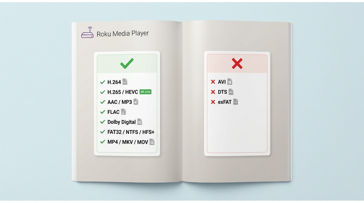 Roku Media Player supported vs unsupported formats: H.264/AAC/MP4/MKV supported; AVI/DTS/exFAT not s
