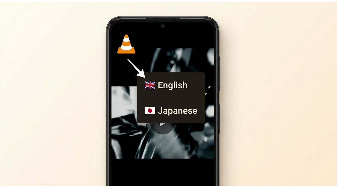 VLC for Android playback screen with Audio Track menu open, showing English and Japanese stream opti