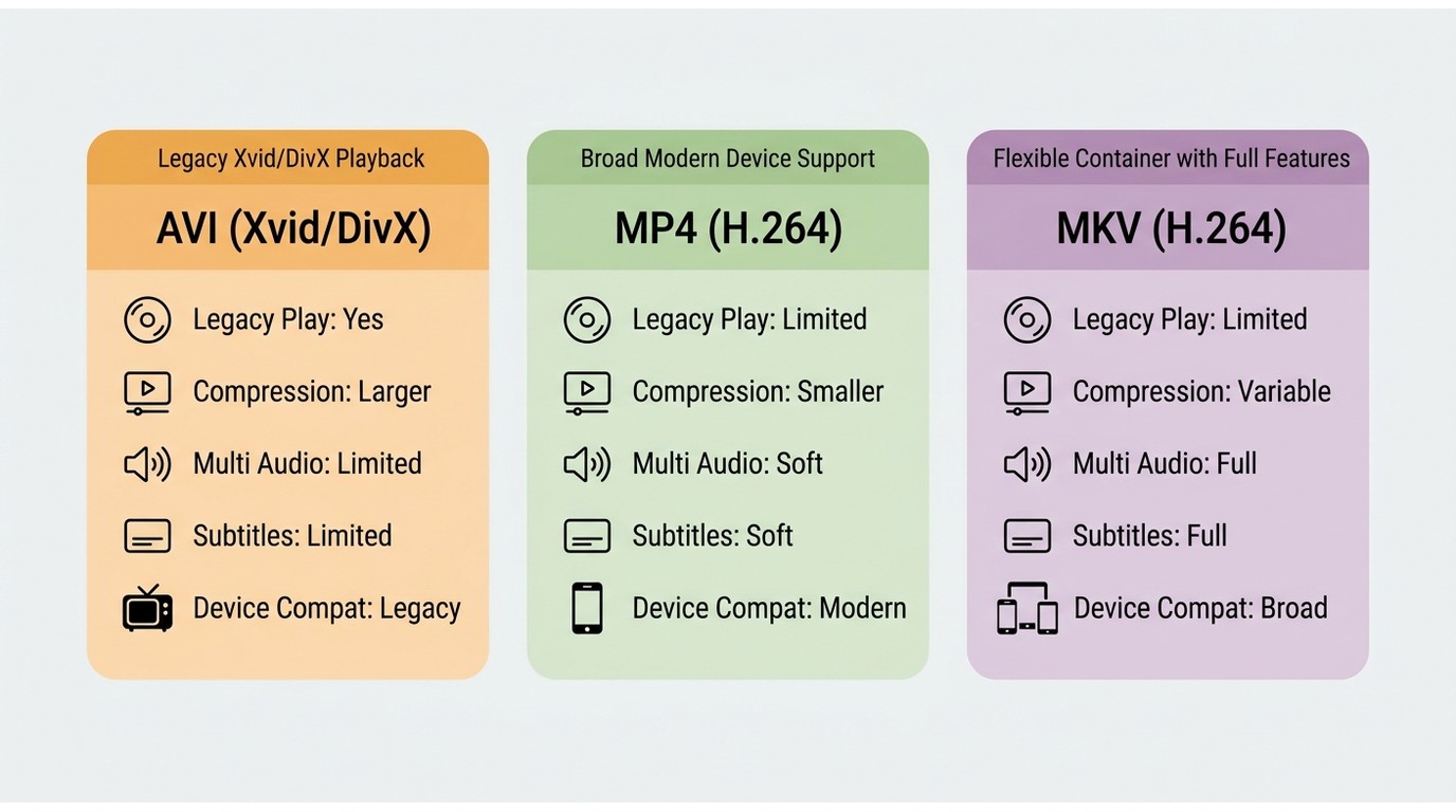 Comparison of AVI vs MP4 vs MKV: legacy DivX/Xvid playback, compression, subtitle support, and devic