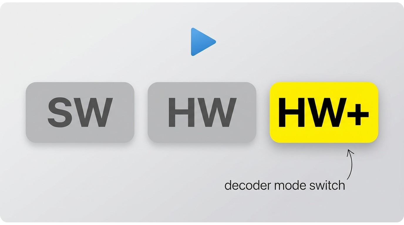 MX Player decoder mode selector showing HW, HW+, and SW options during 4K MKV playback