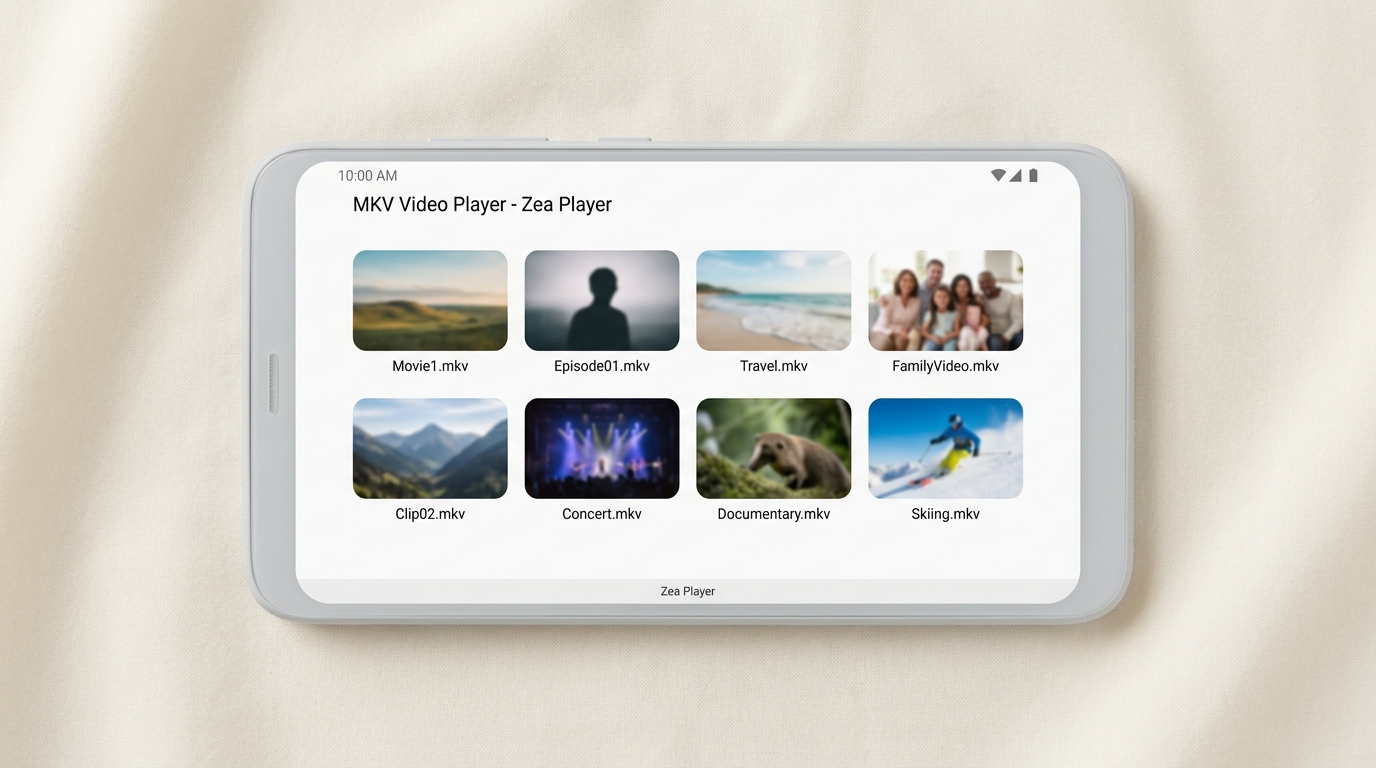 Zea Player home screen showing auto-scanned MKV video thumbnail grid on Android