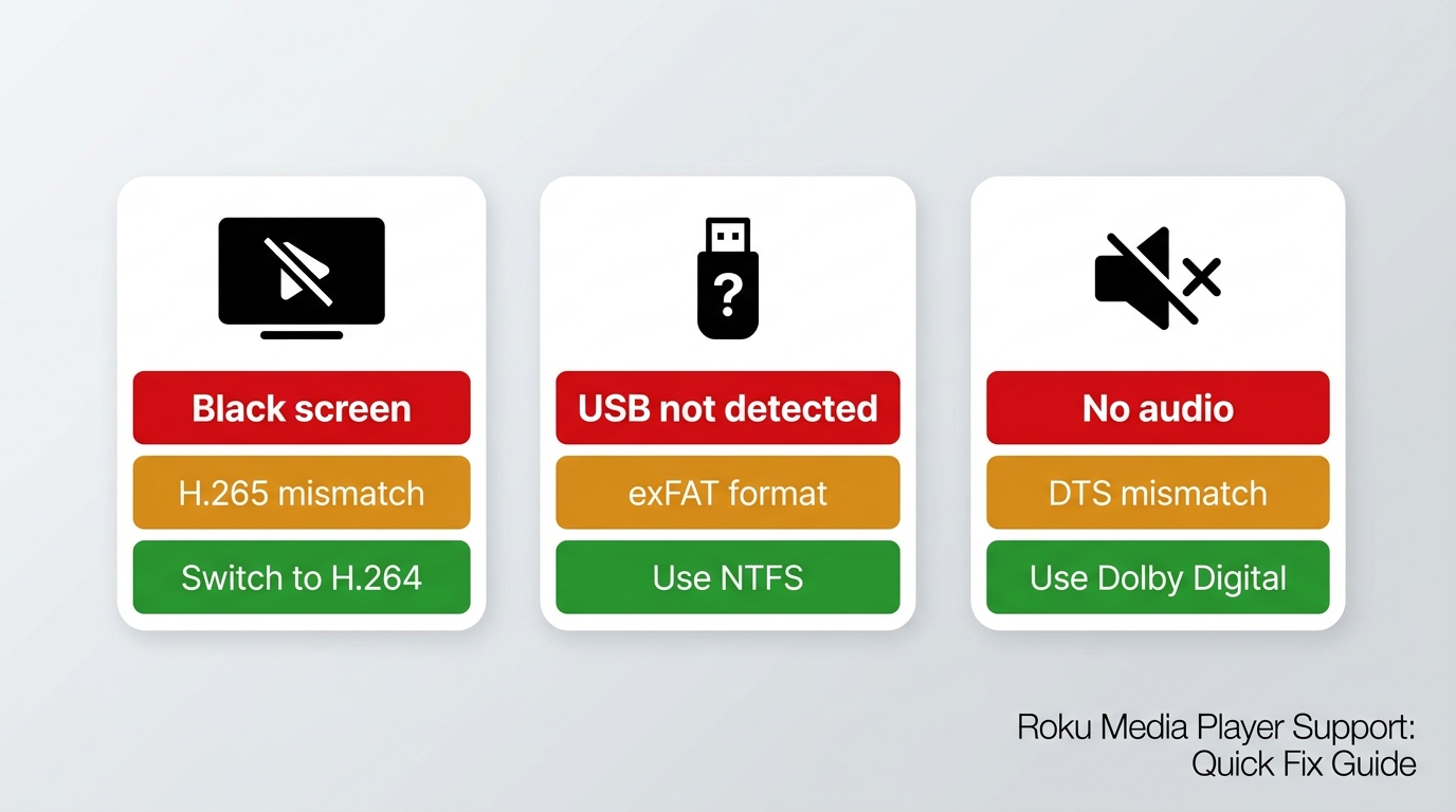 Flowchart: diagnose Roku Media Player black screen, USB not detected, or missing audio with branchin