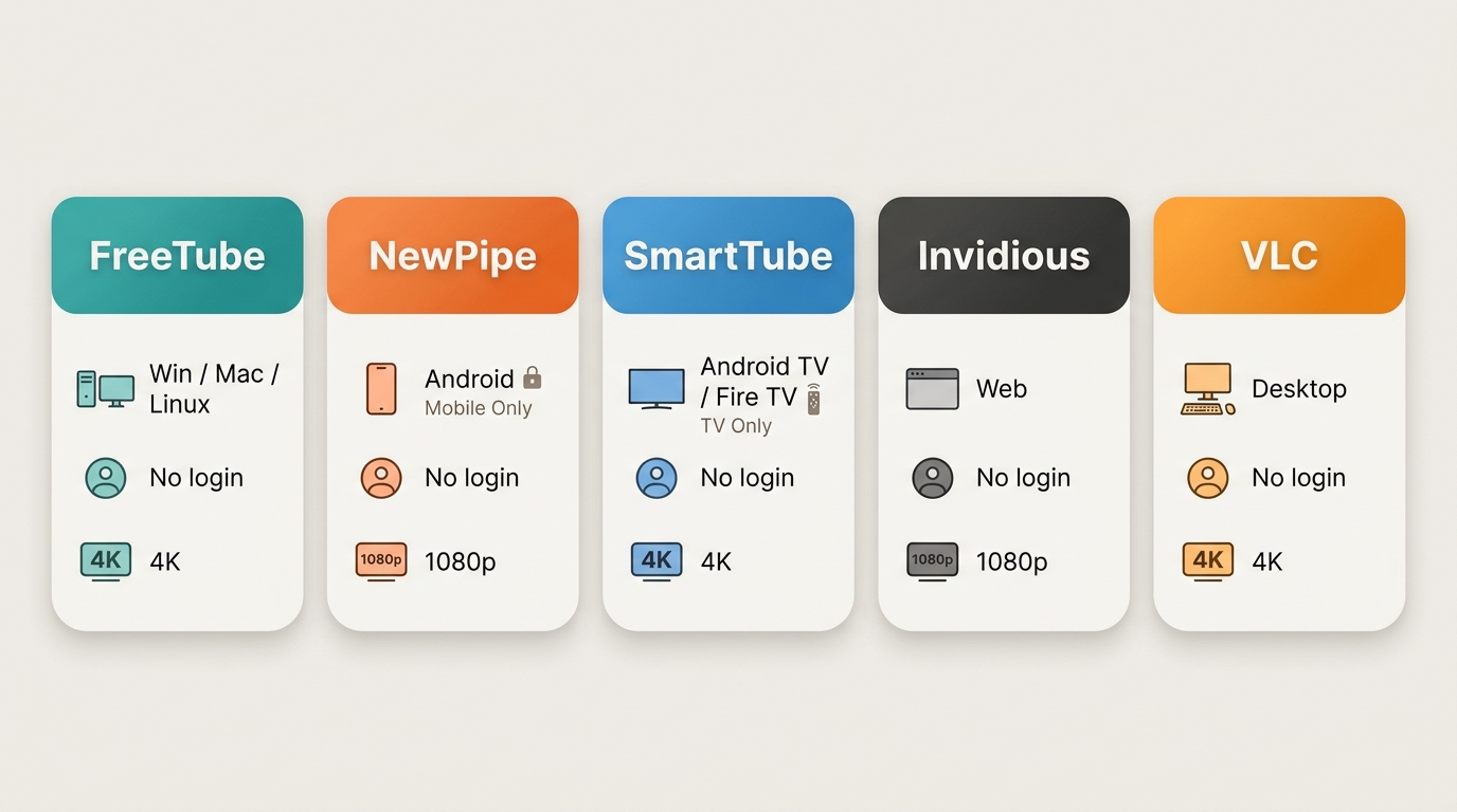 Comparison of FreeTube, NewPipe, SmartTube, Invidious, and VLC by platform, login requirement, and r