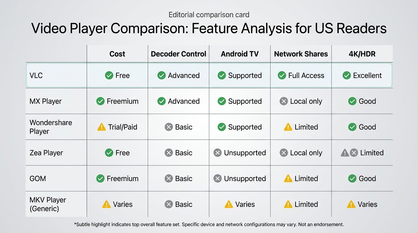 Comparison of VLC, MX Player, GOM, and Zea Player on cost, decoder control, Android TV support, and