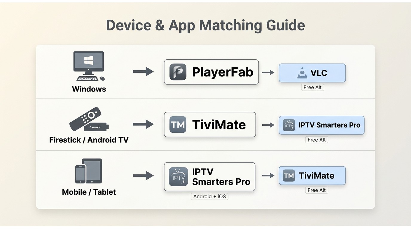 Device-to-player match: PlayerFab for Windows, TiviMate for Firestick, IPTV Smarters Pro for mobile