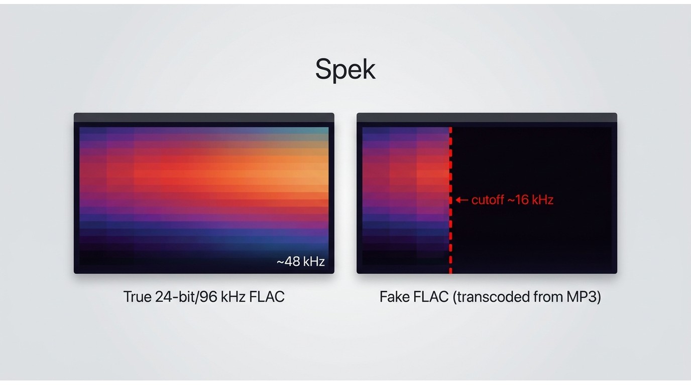 Spek frequency spectrum: true 24-bit FLAC extends to 48 kHz vs. fake FLAC hard-cutoff at 16 kHz
