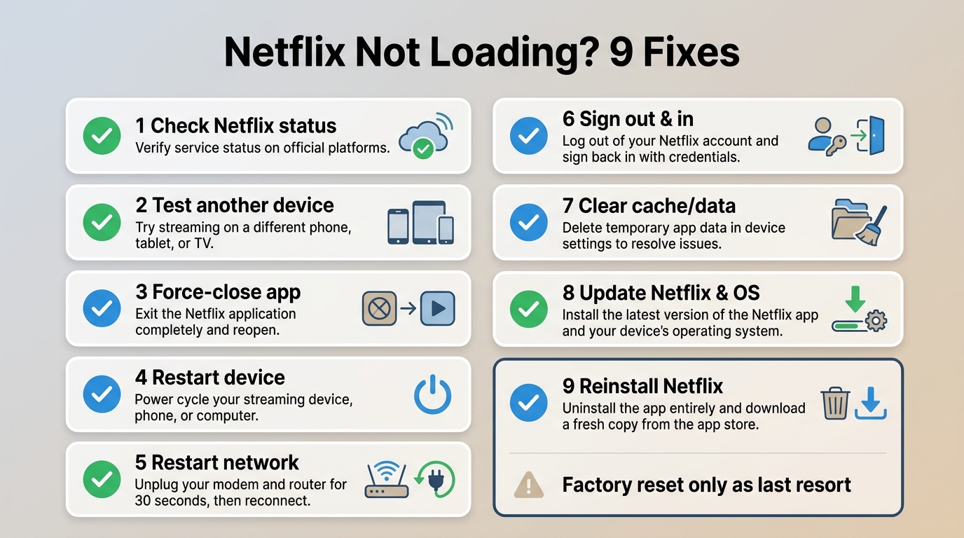 9-step Netflix troubleshooting checklist from checking status to reinstalling, with factory reset fl
