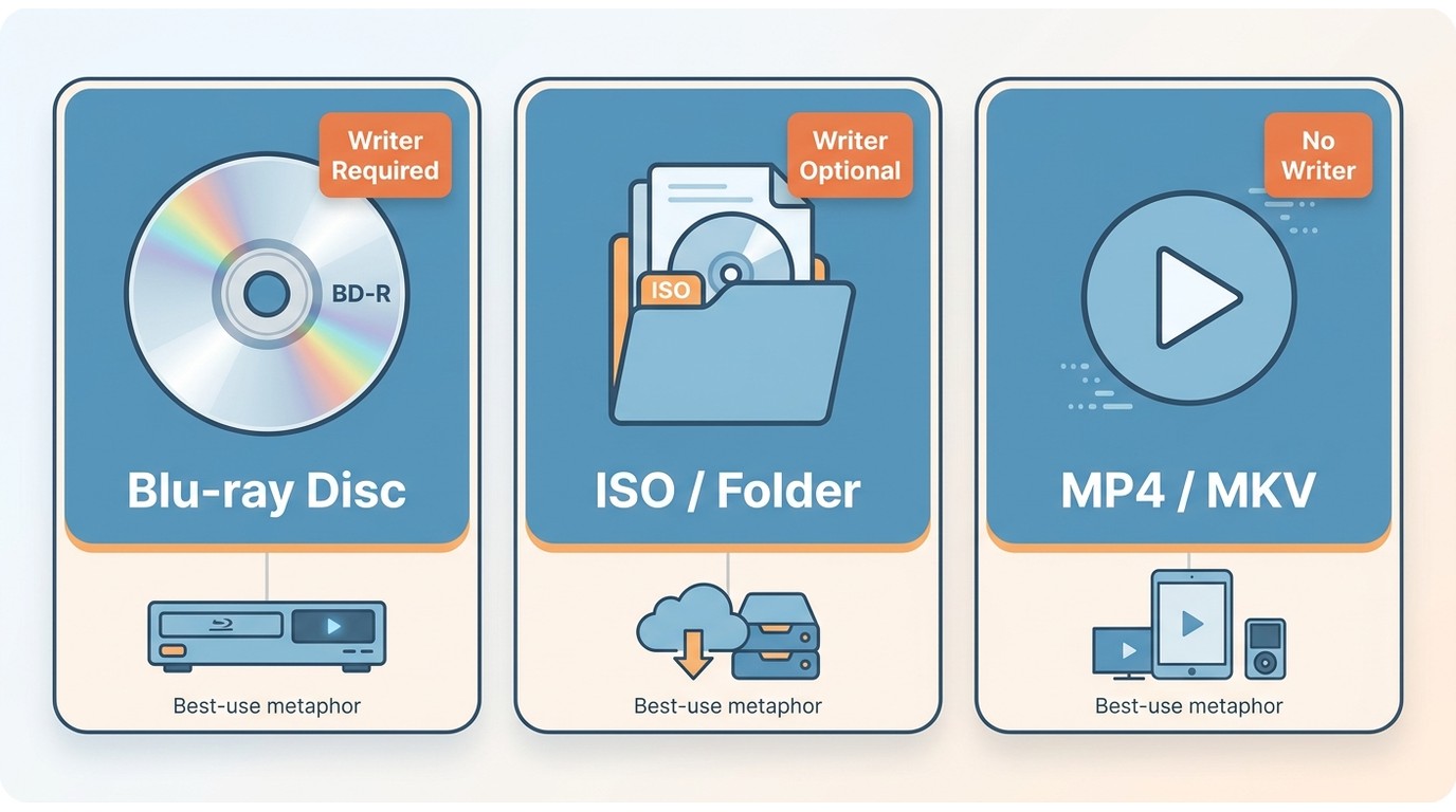 Comparison of Blu-ray disc vs ISO/folder vs MP4 output options, showing best use and whether a Blu-r