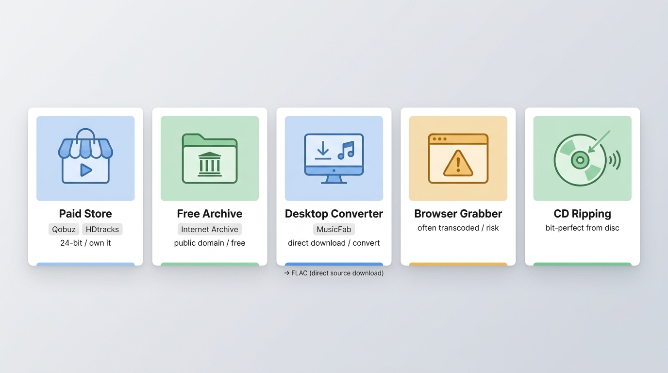 Five FLAC downloader routes: Paid Store, Free Archive, Desktop Converter, Browser Grabber (risk), CD