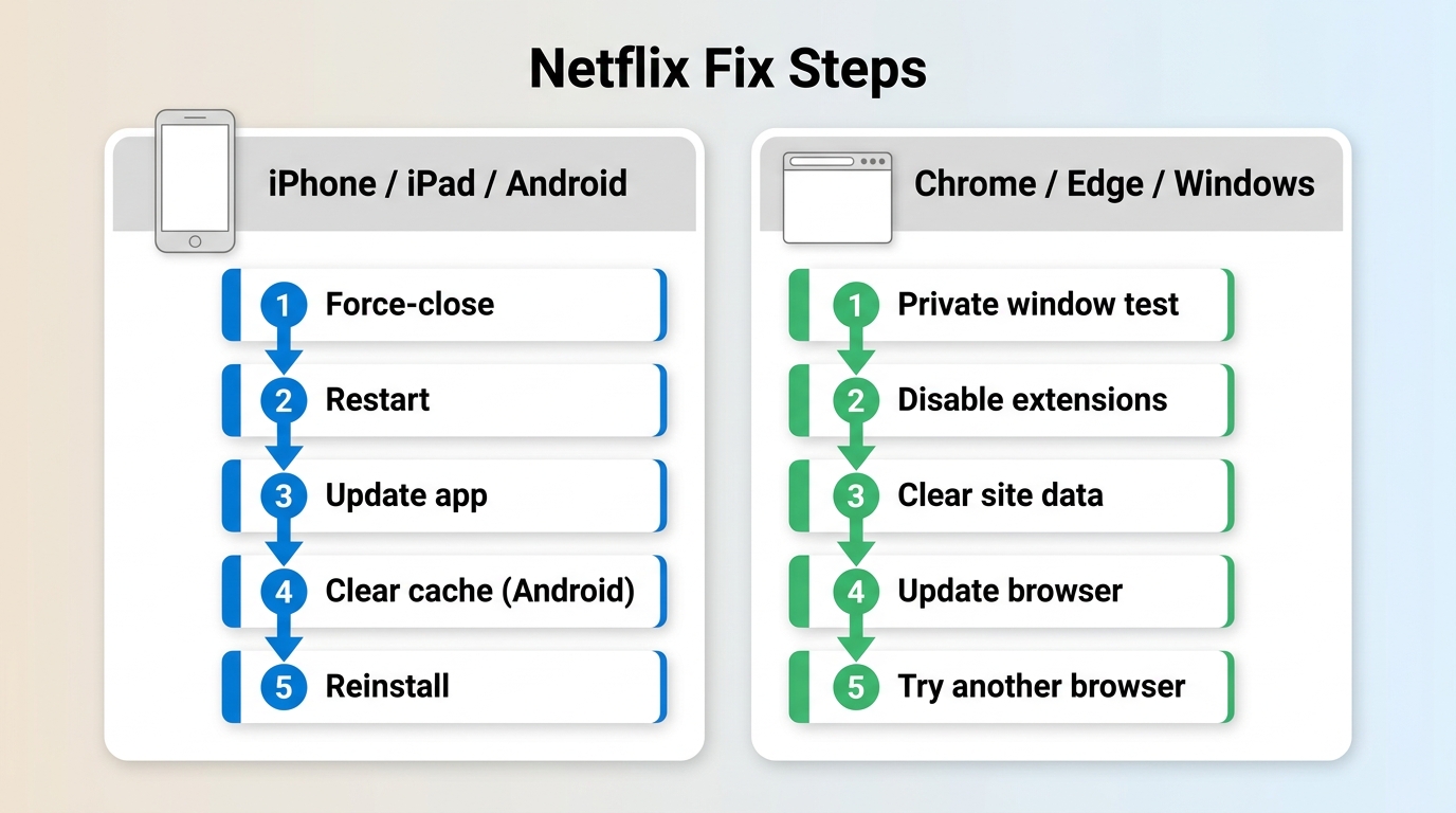 Side-by-side Netflix fix steps for mobile apps vs desktop browsers
