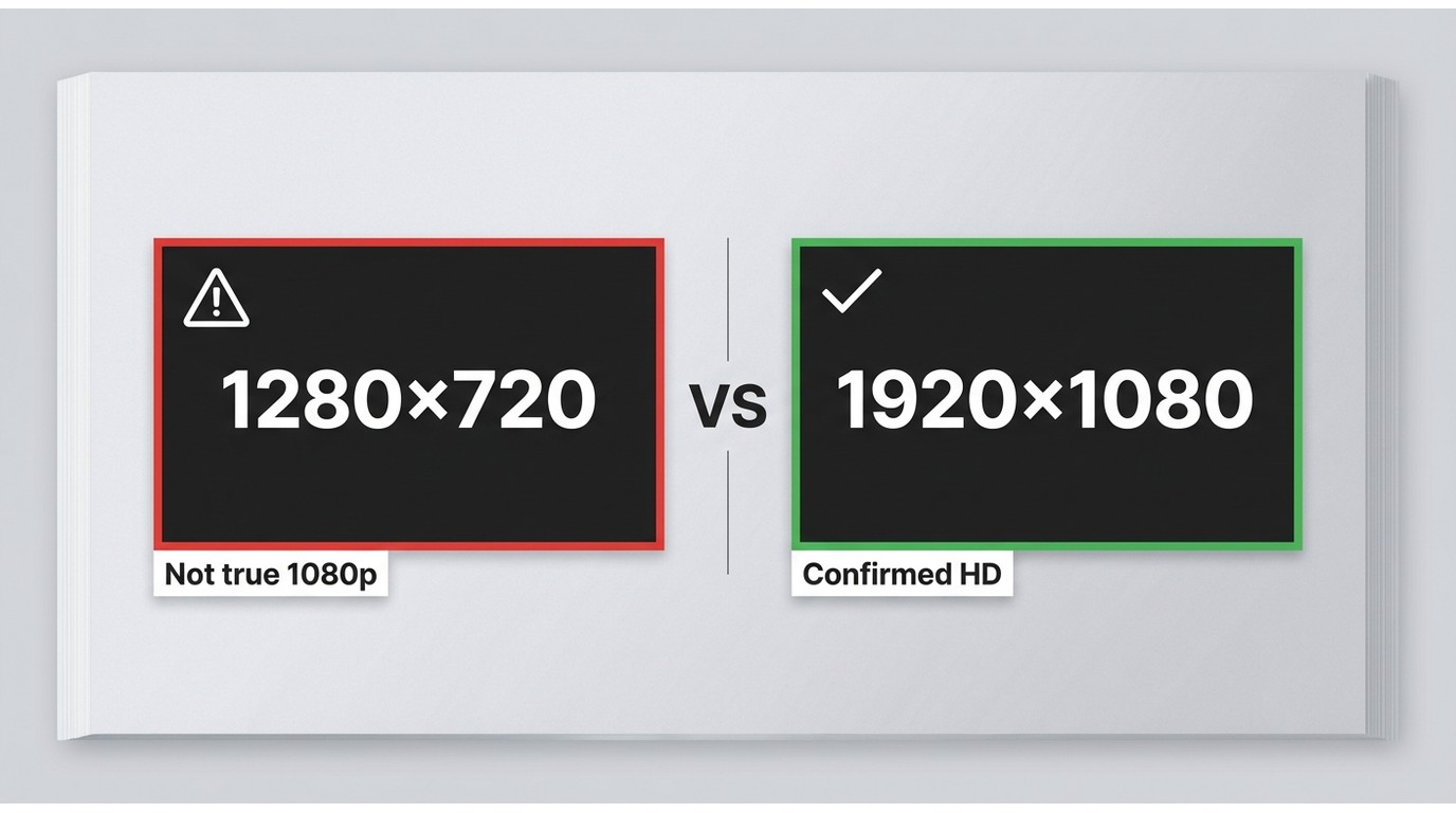 Windows file Properties and macOS Get Info panels comparing a 720p mismatch versus confirmed 1080p I
