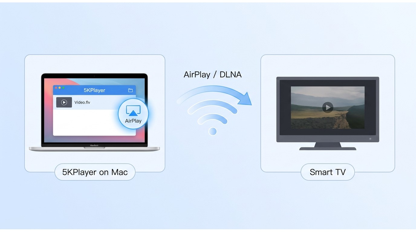 5KPlayer on Mac casting an FLV file to a smart TV via AirPlay and DLNA