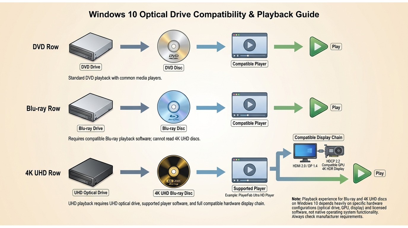 Windows 10 drive and disc compatibility for DVD, Blu-ray, and 4K UHD Blu-ray.