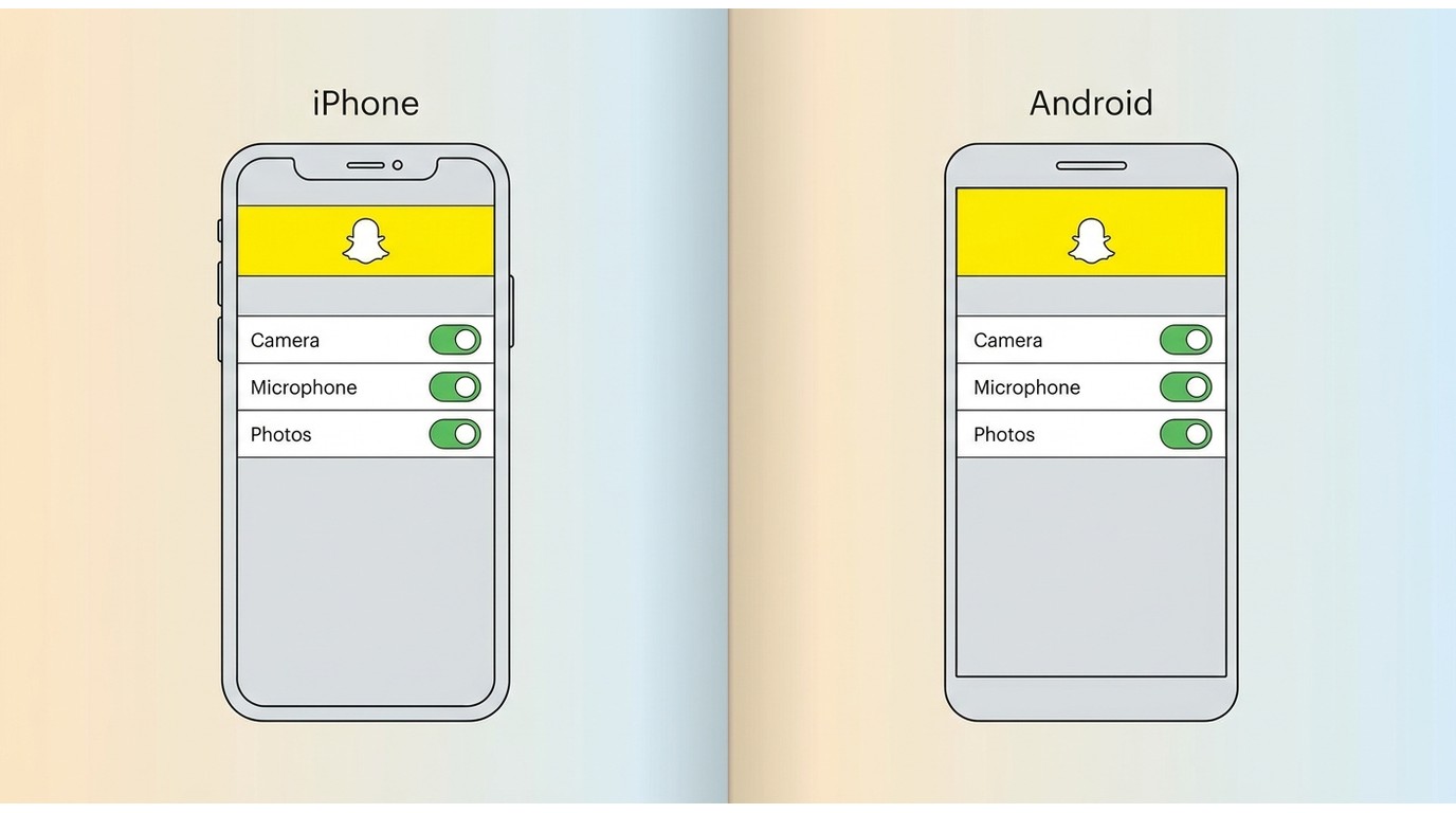 iPhone and Android Snapchat permissions screens showing Camera, Microphone, and Photos enabled on bo