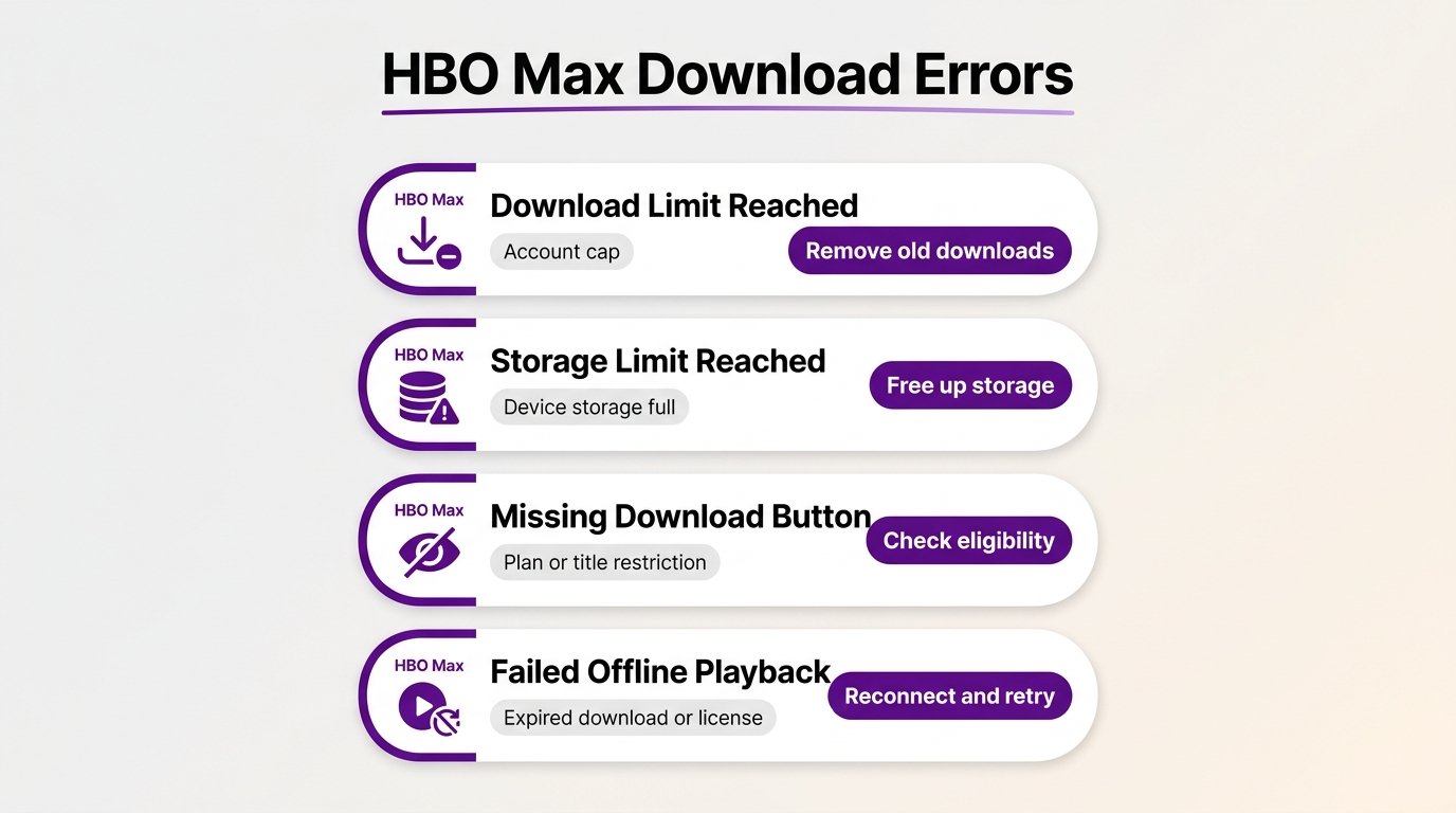 HBO Max error messages — Download Limit Reached, Storage Limit, Missing Download button, Failed play