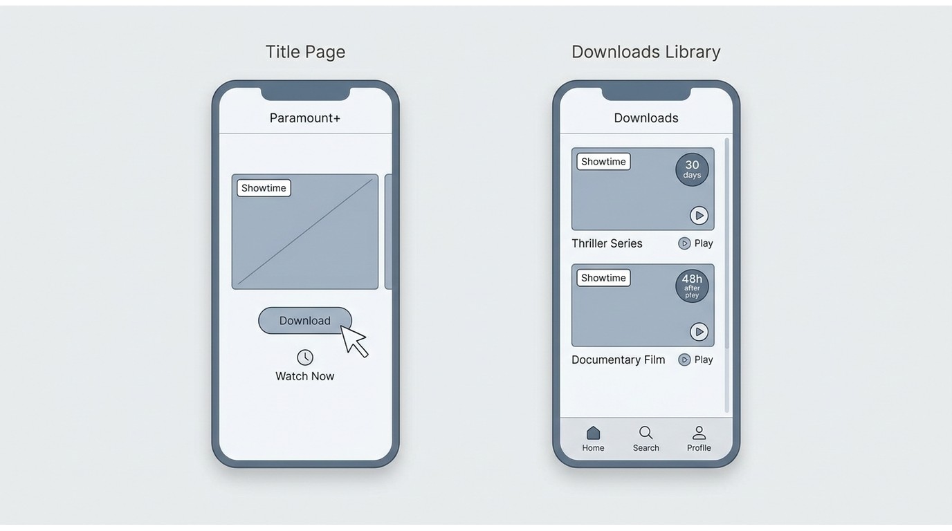 Paramount+ app showing Download button on a Showtime title and the Downloads library with saved epis