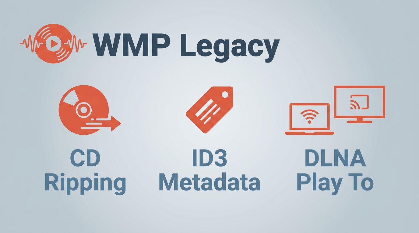 WMP Legacy strengths: CD ripping, ID3 metadata editing, and DLNA Play To streaming