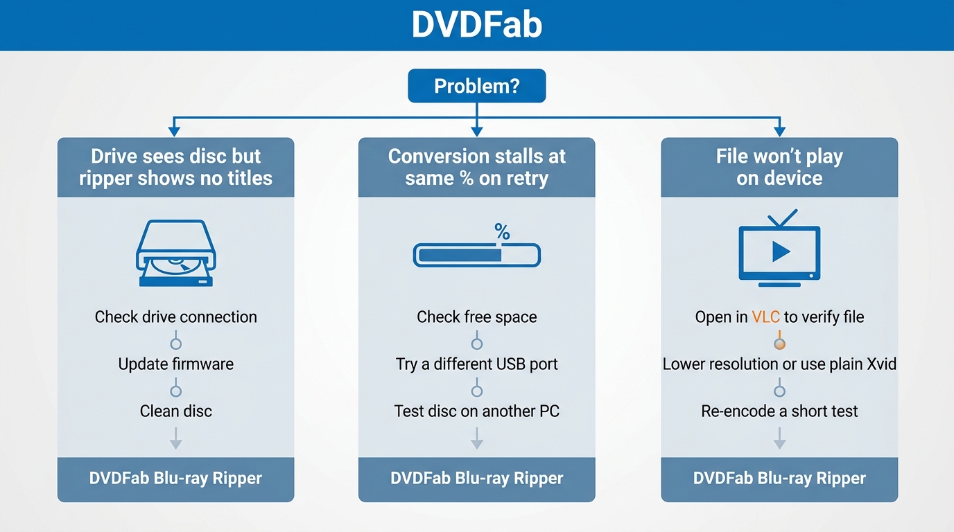 Troubleshooting flowchart: drive cannot rip vs conversion stalls vs playback fails, with steps for e
