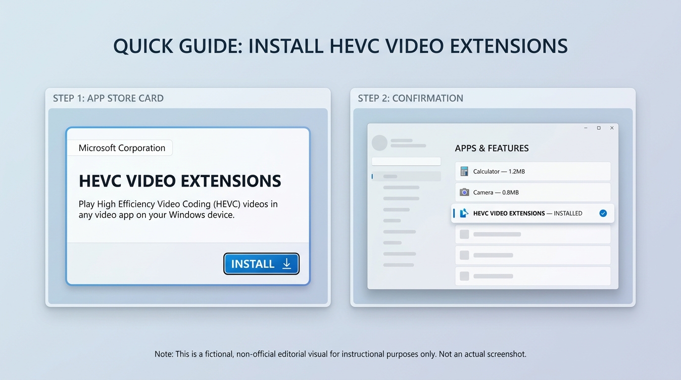 Microsoft Store HEVC Video Extensions install page alongside Windows 11 Apps list confirming install