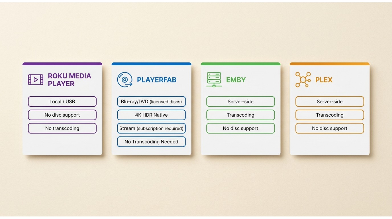 Comparison of Roku Media Player vs PlayerFab vs Emby vs Plex across transcoding, disc support, and R