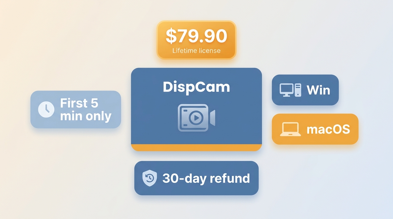 DispCam trial and lifetime license terms with 5-minute limit and 30-day refund