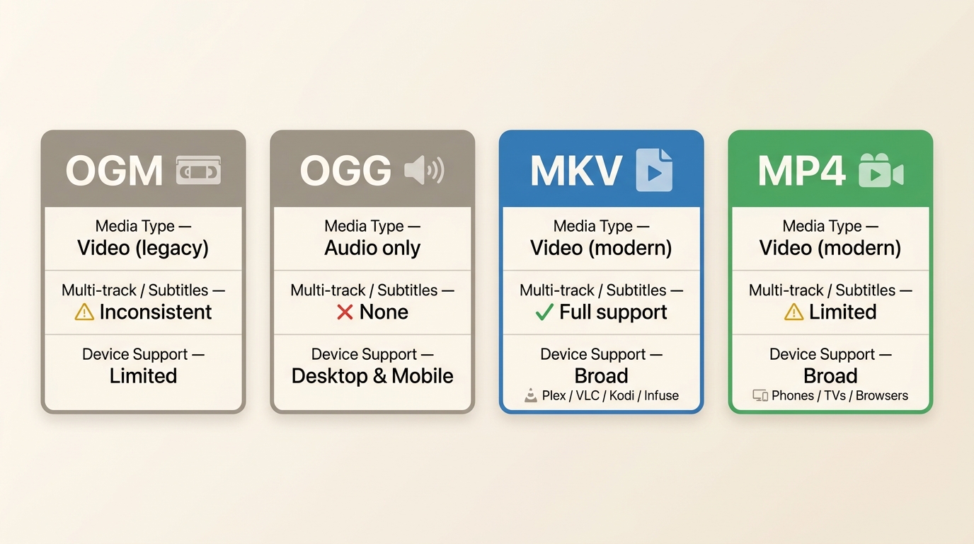Comparison of OGM, OGG, MKV, MP4 formats: media type, multi-track support, and device compatibility 