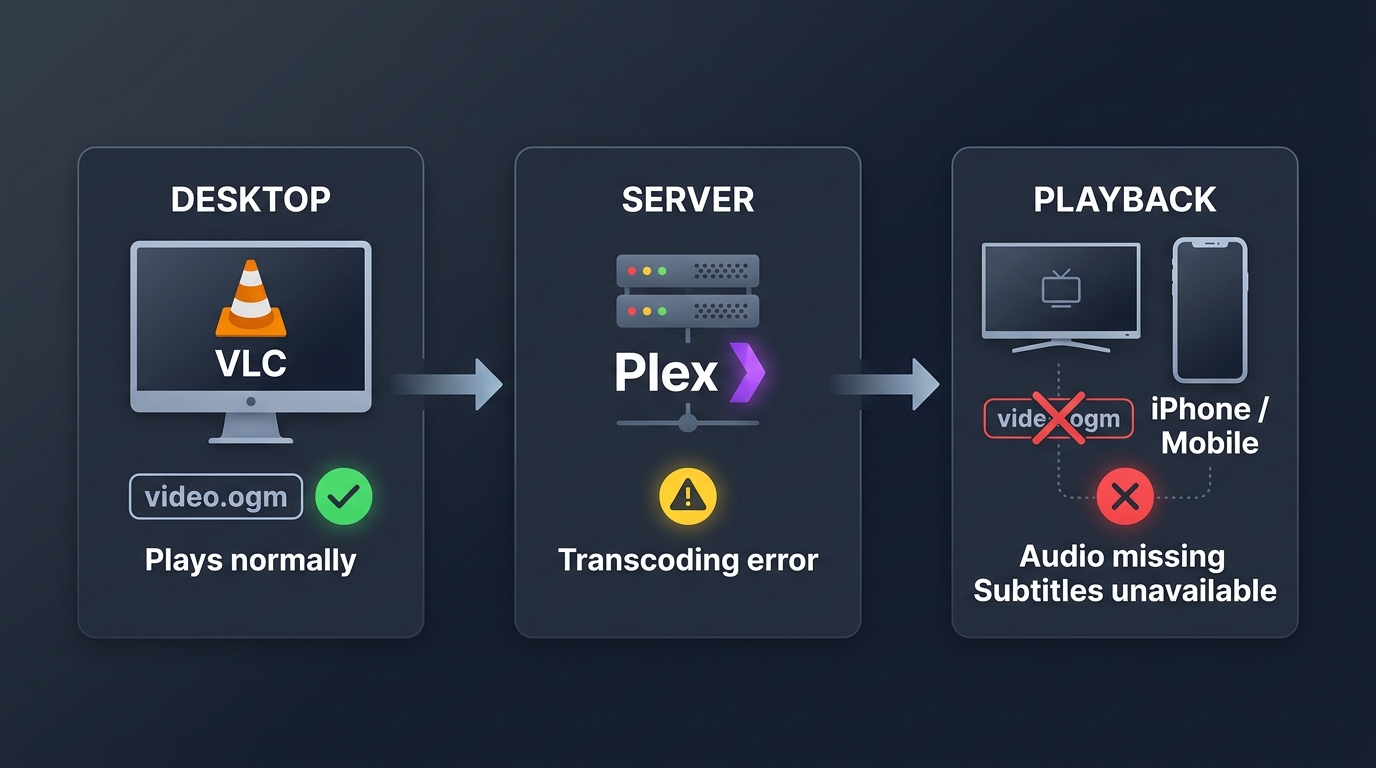 OGM playback results: works in VLC on desktop, transcoding errors in Plex, fails on smart TV and iPh