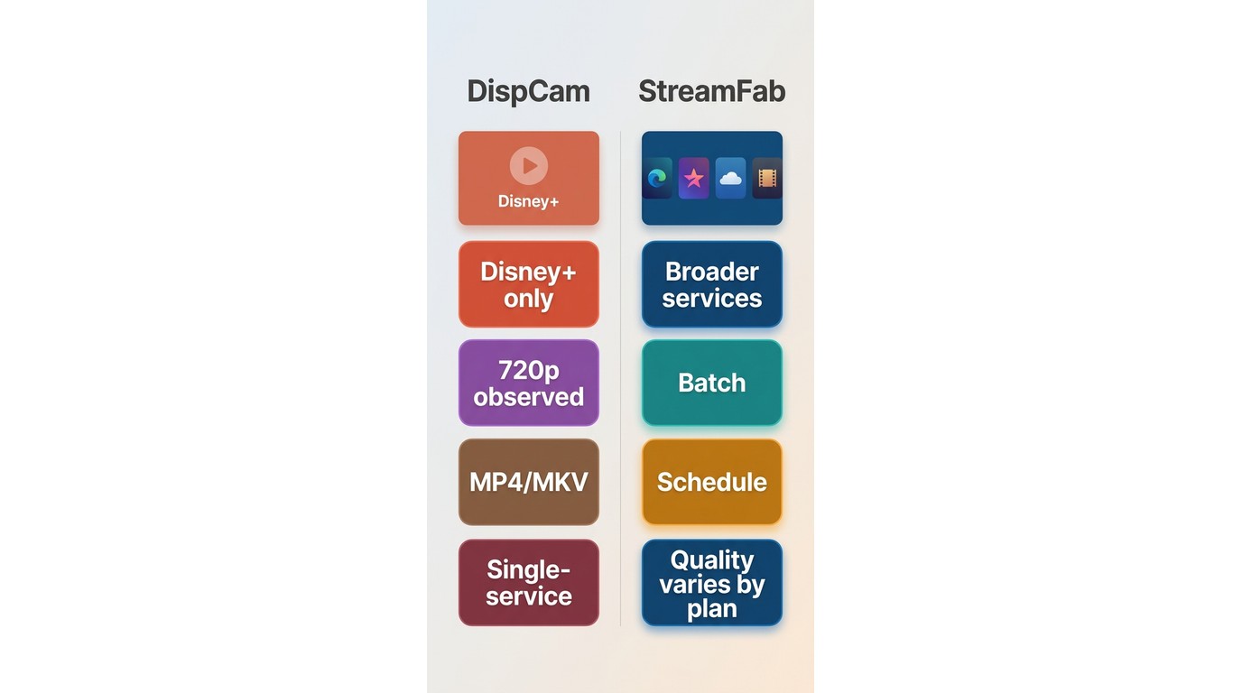 Comparison of DispCam and StreamFab features, service scope, and observed quality evidence
