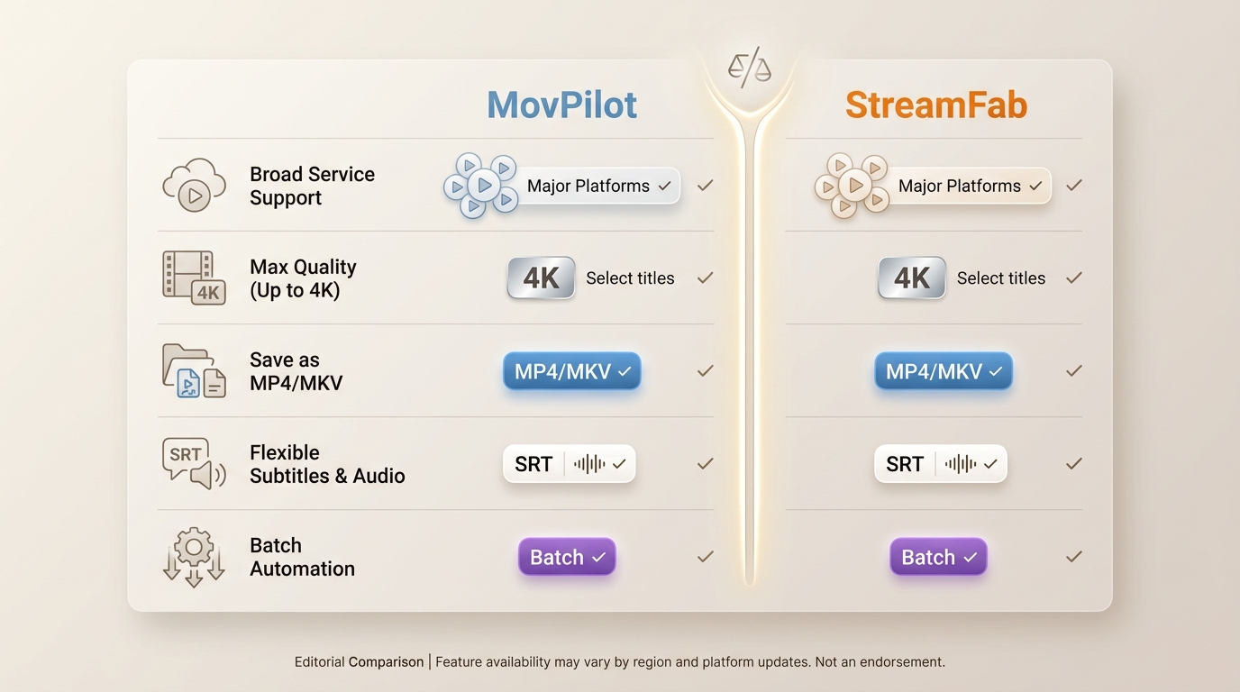 Comparison of MovPilot and StreamFab across service coverage, 4K, MP4/MKV, subtitles, and batch tool