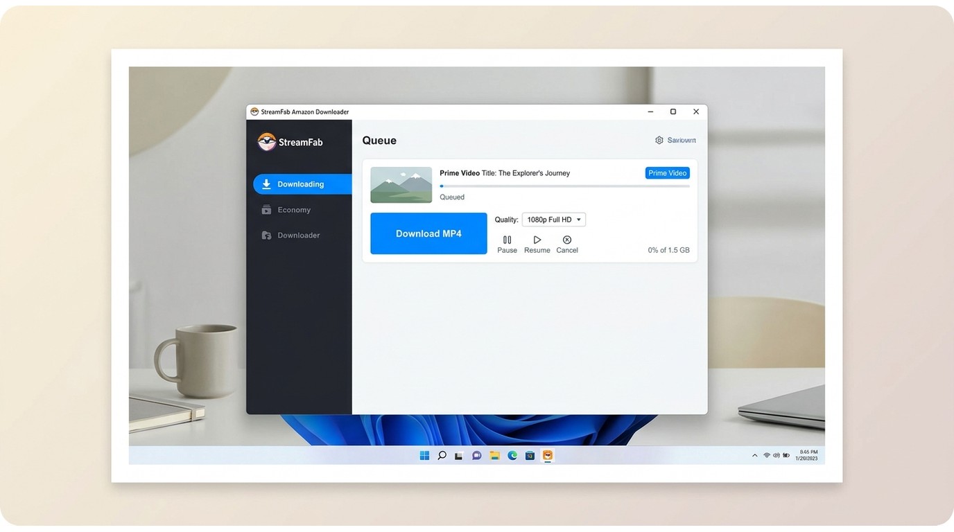StreamFab Amazon Downloader on Windows showing an Amazon Prime Video title queued for MP4 download