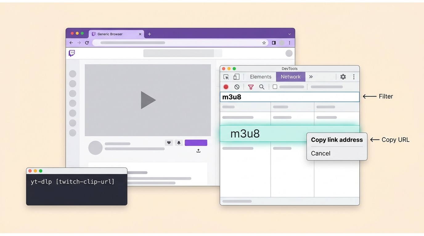 Chrome DevTools Network tab filtering for m3u8 on a Twitch clip page, with copy link address menu op