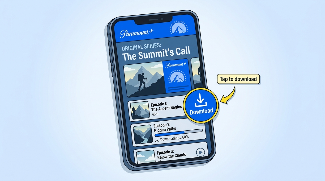 Paramount+ mobile app episode page showing the Download button highlighted below a show's episode li