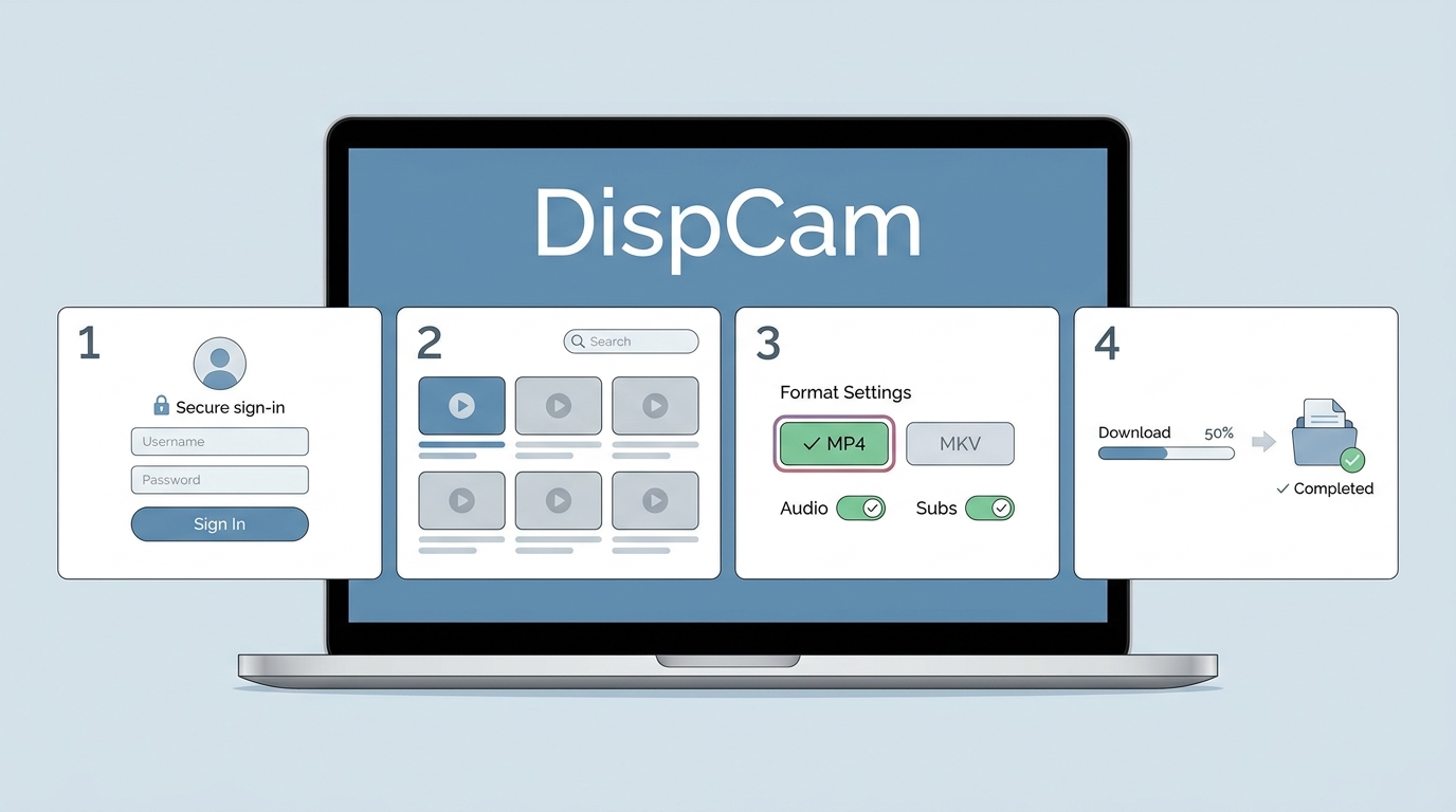 How to use DispCam to sign in, choose a Disney+ title, set MP4 or MKV, and download