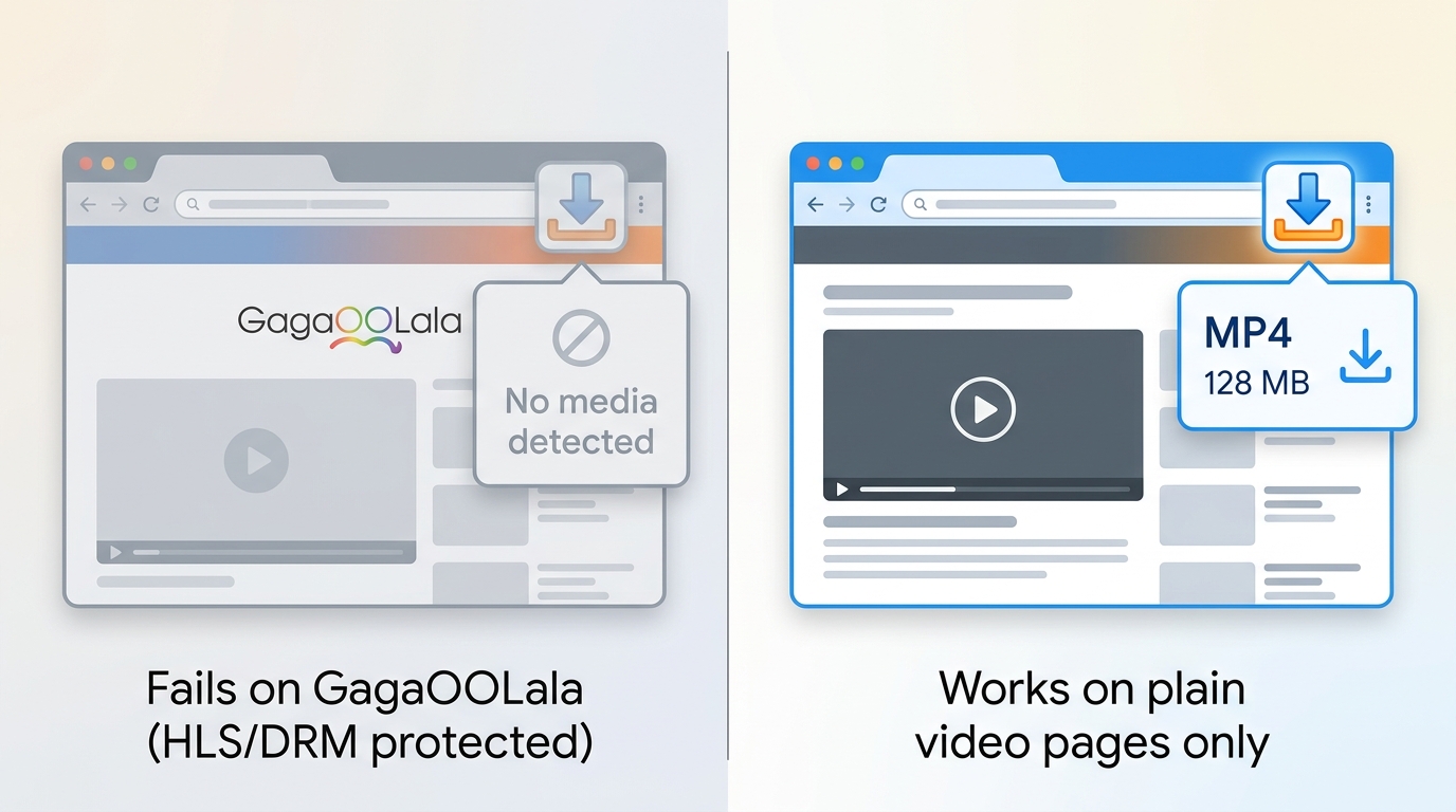 Video DownloadHelper extension showing no media detected on GagaOOLala vs a detectable file on a pla
