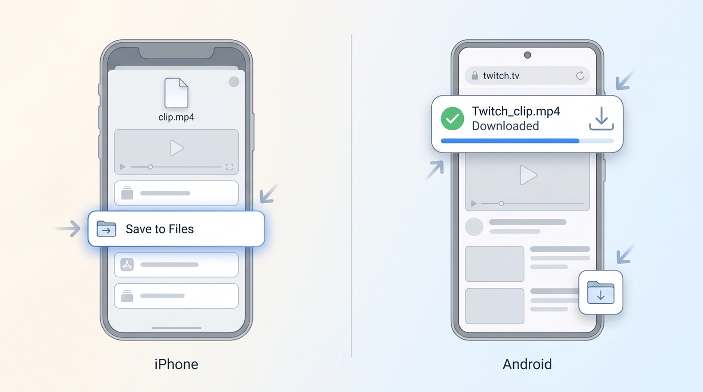 iPhone Share sheet saving Twitch MP4 to Files app alongside Android Chrome download notification
