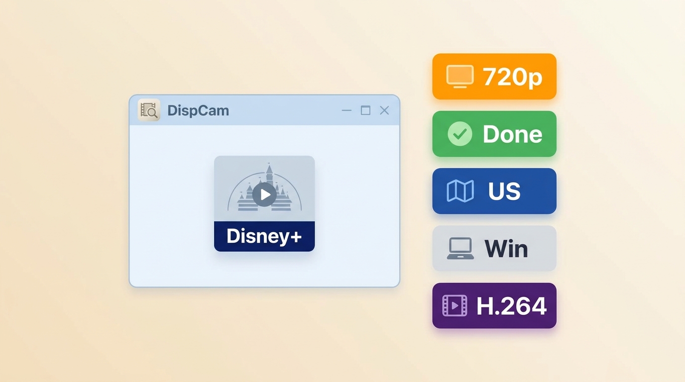 DispCam benchmark summary for a Disney+ episode with 720p result and test factors