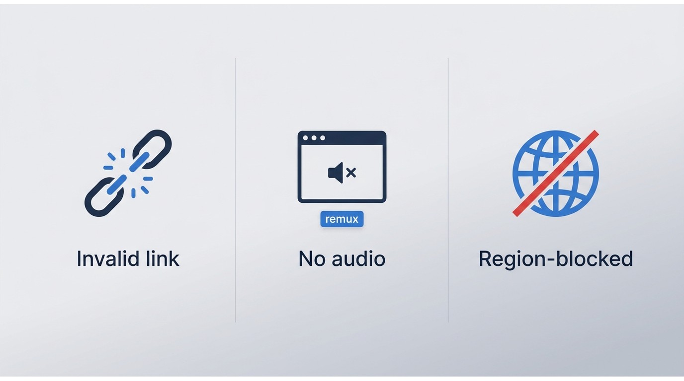 Troubleshooting map for expired links, missing audio or M4V output, and region-blocked services like