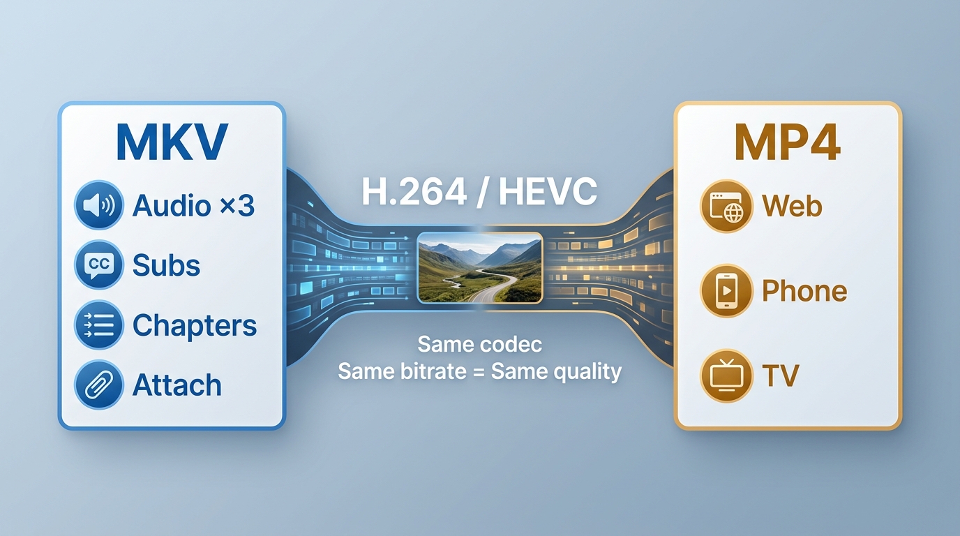 MKV and MP4 comparison: same encoded quality, flexible tracks in MKV, wider playback support in MP4.