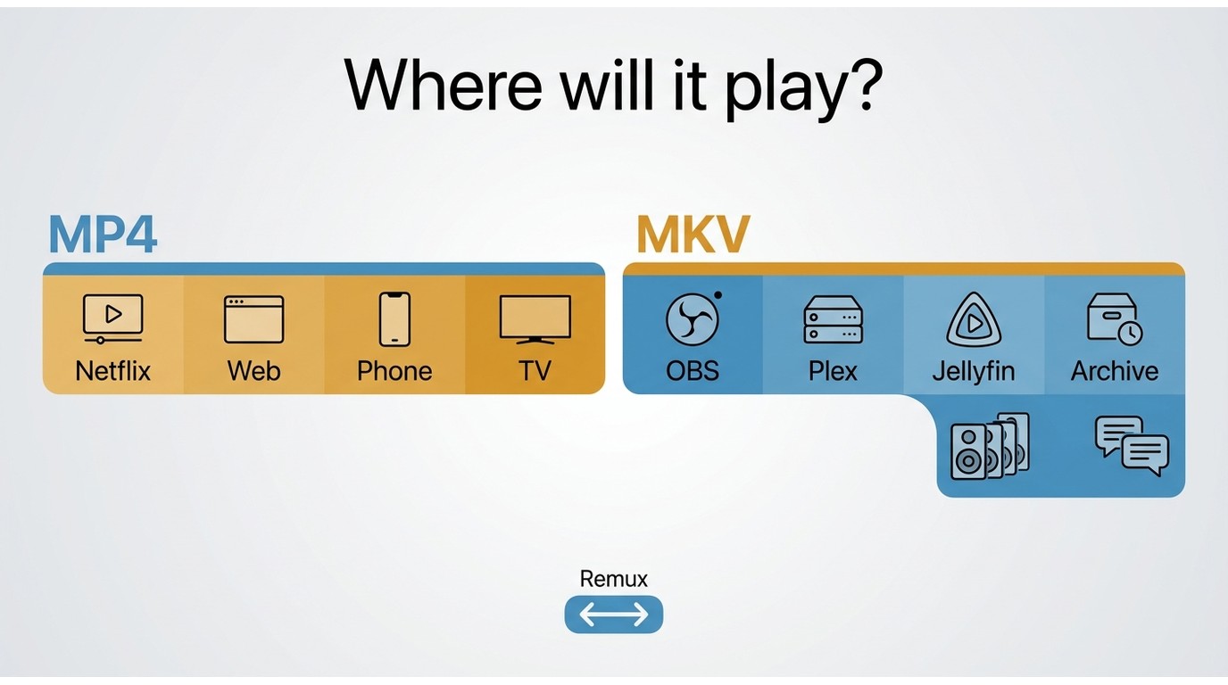 Workflow guide for choosing MP4 for web and devices or MKV for OBS, Plex, Jellyfin, and archives.